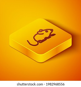 Isometric line Rat icon isolated on orange background. Mouse sign. Animal symbol. Yellow square button. Vector
