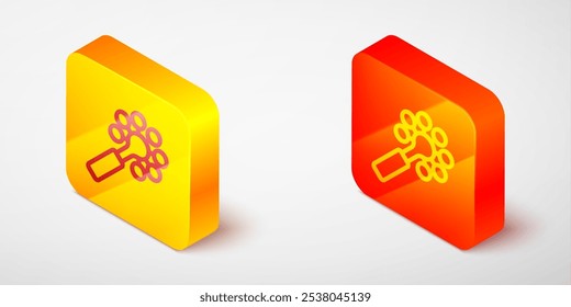 Linha isométrica Ícone de brinquedo bebê Rattle isolado no fundo cinza. Sinal de saco de feijão. Botão quadrado amarelo e laranja. Vetor