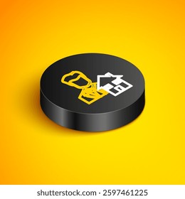 Isometric line Realtor icon isolated on yellow background. Buying house. Black circle button. Vector