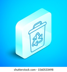 Isometric line Recycle bin with recycle symbol icon isolated on blue background. Trash can icon. Garbage bin sign. Recycle basket sign. Silver square button. Vector Illustration