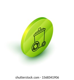 Isometric line Recycle bin with recycle symbol icon isolated on white background. Trash can icon. Garbage bin sign. Recycle basket sign. Green circle button. Vector Illustration