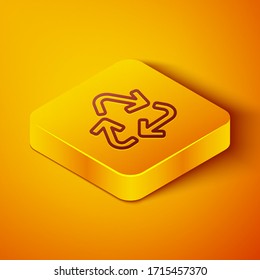 Isometric line Recycle symbol icon isolated on orange background. Circular arrow icon. Environment recyclable go green. Yellow square button. Vector Illustration