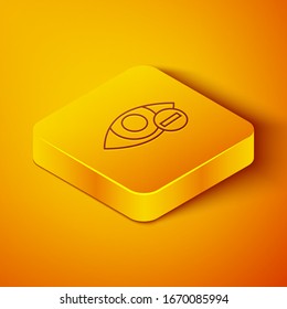 Isometric line Red eye effect icon isolated on orange background. Eye redness sign. Inflammatory disease of eyes. Yellow square button. Vector Illustration