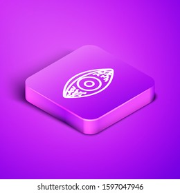 Isometric line Reddish eye due to viral, bacterial or allergic conjunctivitis icon isolated on purple background. Purple square button. Vector Illustration