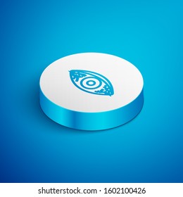 Isometric line Reddish eye due to viral, bacterial or allergic conjunctivitis icon isolated on blue background. White circle button. Vector Illustration