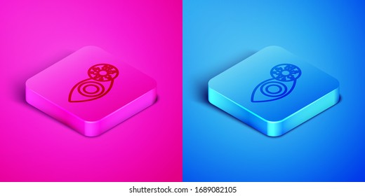 Isometric line Reddish eye due to virus, bacterial or allergic conjunctivitis icon isolated on pink and blue background. Square button. Vector Illustration