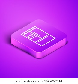 Isometric line Refrigerator icon isolated on purple background. Fridge freezer refrigerator. Household tech and appliances. Purple square button. Vector Illustration