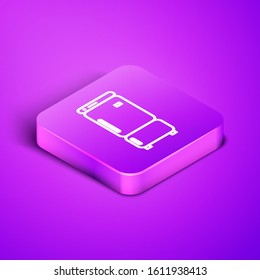 Isometric line Refrigerator icon isolated on purple background. Fridge freezer refrigerator. Household tech and appliances. Purple square button. Vector Illustration