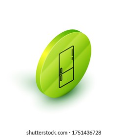 Isometric line Refrigerator icon isolated on white background. Fridge freezer refrigerator. Household tech and appliances. Green circle button. Vector