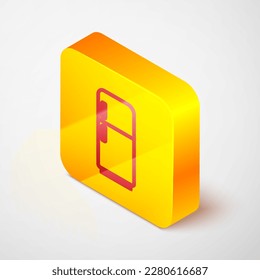 Isometric line Refrigerator icon isolated on grey background. Fridge freezer refrigerator. Household tech and appliances. Yellow square button. Vector