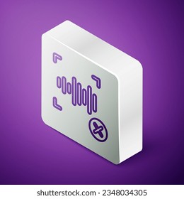 Isometric line Rejection voice recognition icon isolated on purple background. Voice biometric access authentication for personal identity recognition. Silver square button. Vector