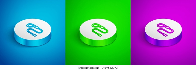 Isometric line Retractable cord leash with carabiner icon isolated on blue, green and purple background. Pet dog lead. Animal accessory for outdoors walk. White circle button. Vector