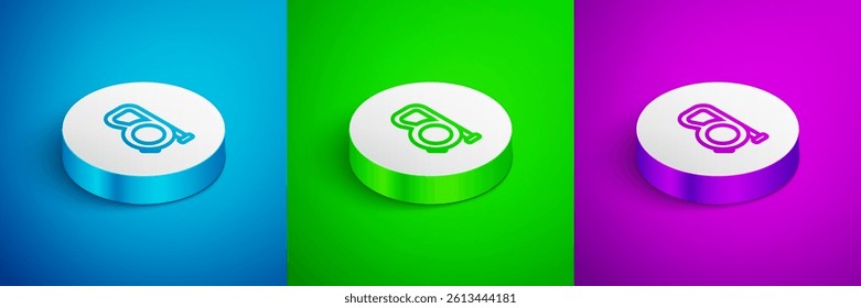 Isometric line Retractable cord leash with carabiner icon isolated on blue, green and purple background. Pet dog lead. Animal accessory for outdoors walk. White circle button. Vector