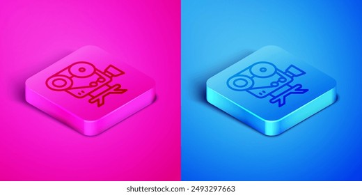 Isometric line Retro cinema camera icon isolated on pink and blue background. Video camera. Movie sign. Film projector. Square button. Vector