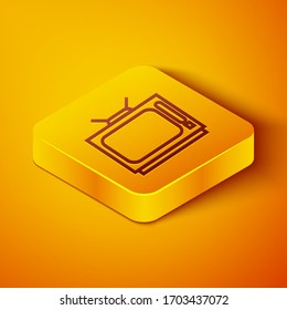 Isometric line Retro tv icon isolated on orange background. Television sign. Yellow square button. Vector Illustration