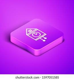 Isometric line Retro wall watch icon isolated on purple background. Cuckoo clock sign. Antique pendulum clock. Purple square button. Vector Illustration