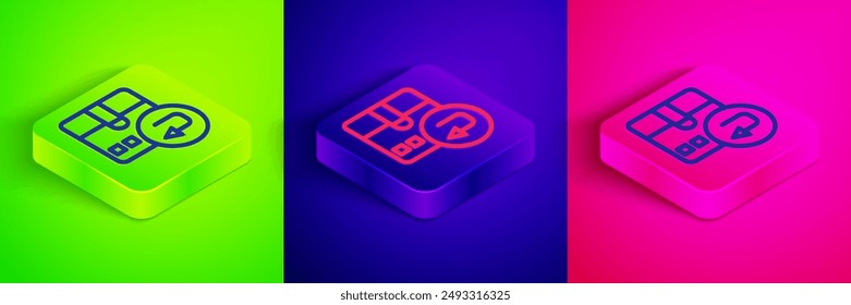 Isometric line Return cardboard box icon isolated on green, blue and pink background. Box, package, parcel sign. Delivery and packaging. Square button. Vector