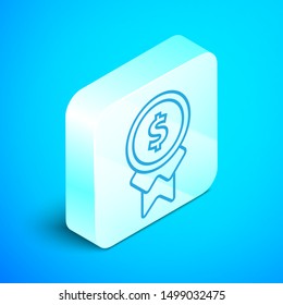 Isometric line Reward for good work icon isolated on blue background. Employee of the month, talent award, outstanding achievement, successful person. Silver square button. Vector Illustration