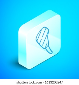 Isometric line Rib eye steak icon isolated on blue background. Steak tomahawk. Piece of meat. Silver square button. Vector Illustration