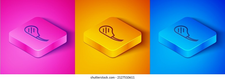 Isometric line Rib eye steak icon isolated on pink and orange, blue background. Steak tomahawk. Piece of meat. Square button. Vector