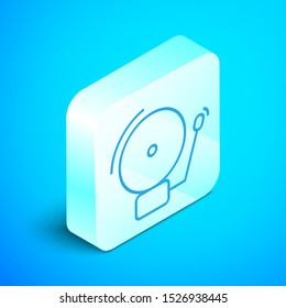 Isometric line Ringing alarm bell icon isolated on blue background. Alarm symbol, service bell, handbell sign, notification symbol. Silver square button. Vector Illustration