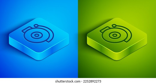 Isometric line Ringing alarm bell icon isolated on blue and green background. Fire alarm system. Service bell, handbell sign, notification symbol. Square button. Vector