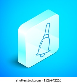 Isometric line Ringing bell icon isolated on blue background. Alarm symbol, service bell, handbell sign, notification symbol. Silver square button. Vector Illustration