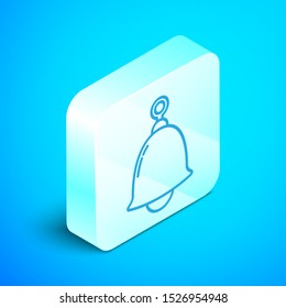 Isometric line Ringing bell icon isolated on blue background. Alarm symbol, service bell, handbell sign, notification symbol. Silver square button. Vector Illustration