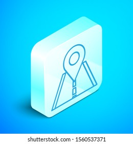 Isometric line Road traffic sign. Signpost icon isolated on blue background. Pointer symbol. Isolated street information sign. Direction sign. Silver square button. Vector Illustration