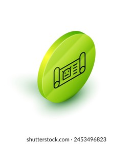 Isometric line Robot blueprint icon isolated on white background. Green circle button. Vector