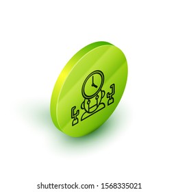 Isometric line Robot and digital time manager icon isolated on white background. Time management assistance, workflow optimization help. Green circle button. Vector Illustration