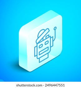 Icono de robot de línea isométrica aislado sobre fondo azul. Inteligencia artificial, aprendizaje automático, computación en la nube. Botón cuadrado plateado. Vector