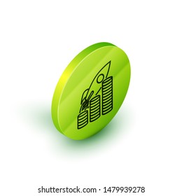 Isometric line Rocket flying up on coins growth chart icon isolated on white background. Graph that shows increase in sales. Green circle button. Vector Illustration