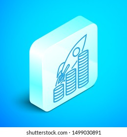 Isometric line Rocket flying up on coins growth chart icon isolated on blue background. Graph that shows increase in sales. Silver square button. Vector Illustration