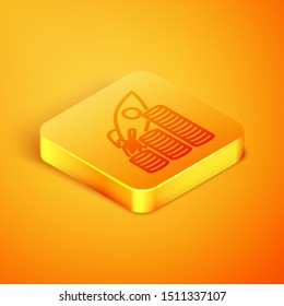 Isometric line Rocket flying up on coins growth chart icon isolated on orange background. Graph that shows increase in sales. Orange square button. Vector Illustration