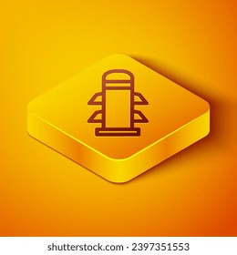 Isometric line Rocket icon isolated on orange background. Yellow square button. Vector