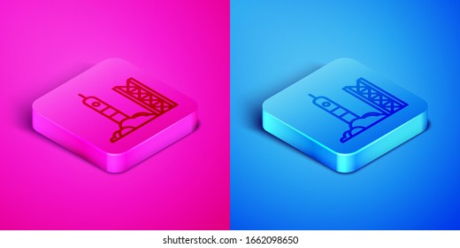Isometric line Rocket launch from the spaceport icon isolated on pink and blue background. Launch rocket in space. Square button. Vector Illustration