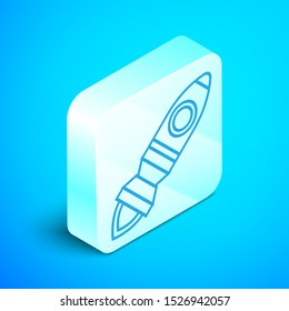 Isometric line Rocket ship with fire icon isolated on blue background. Space travel. Silver square button. Vector Illustration