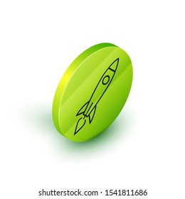 Isometric line Rocket ship with fire icon isolated on white background. Space travel. Green circle button. Vector Illustration