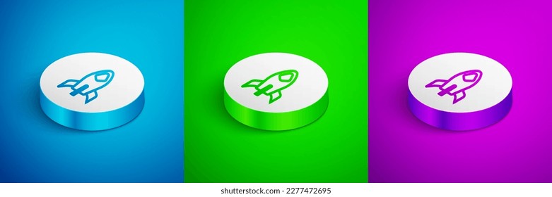 Isometric line Rocket ship icon isolated on blue, green and purple background. Space travel. White circle button. Vector