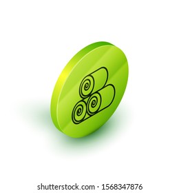 Isometric line Roll of hay icon isolated on white background. Green circle button. Vector Illustration