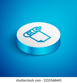 Isometric line Roll of paper icon isolated on blue background. White circle button. Vector