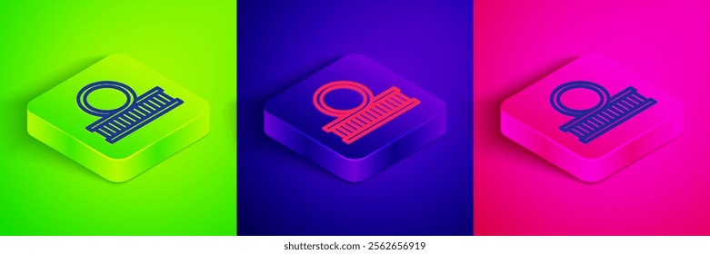 Isometric line Roller coaster icon isolated on green, blue and pink background. Amusement park. Childrens entertainment playground, recreation park. Square button. Vector