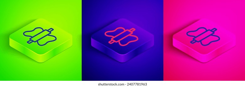 Isometric line Rolling pin on dough icon isolated on green, blue and pink background. Square button. Vector