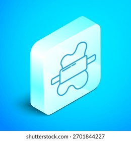 Línea isométrica Rolling pin en icono de masa aislado sobre fondo azul. Botón cuadrado plateado. Vector