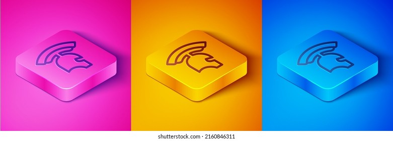 Isometric line Roman army helmet icon isolated on pink and orange, blue background. Square button. Vector