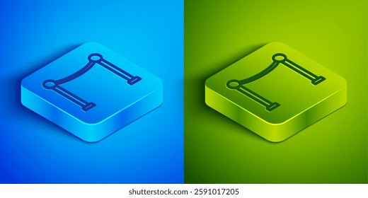 Isometric line Rope barrier icon isolated on blue and green background. VIP event, luxury celebration. Celebrity party entrance. Square button. Vector