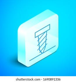 Isometric line Rotating drill digging a hole in a ground icon isolated on blue background. Silver square button. Vector Illustration