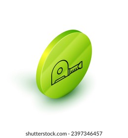 Isometric line Roulette construction icon isolated on white background. Tape measure symbol. Green circle button. Vector Illustration