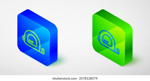 Isometric line Roulette construction icon isolated on grey background. Tape measure symbol. Blue and green square button. Vector